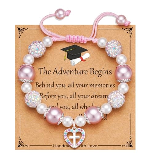 Esrial Graduation Gifts Cross Bracelet Adjustable Pink Pearl Heart Beaded Cross Bracelet Graduation Gifts for Daughter Granddaughter Niece - Image 1