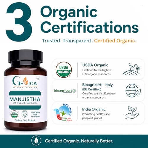 GeVica Biosciences Manjistha (Rubia Cordifolia) Caplets – USDA Organic,1500 mg per Serving – No Extract, 100% Whole Herb, NPOP & BioAgriCert Certified – 90 Count - Thumbnail 2