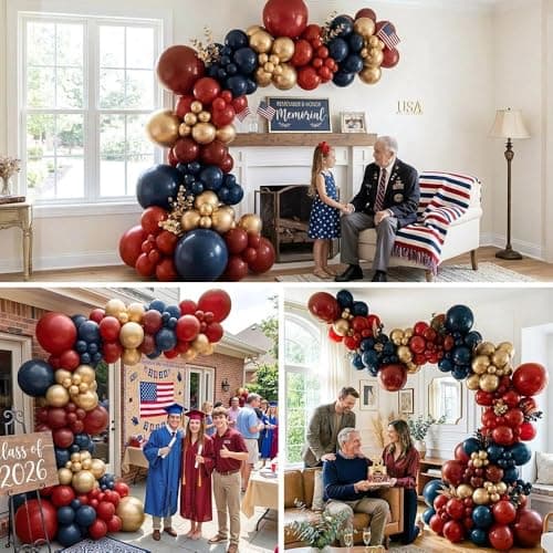 Double Stuffed Red and Blue Balloon Arch Garland Kit, Dark Blue Burgundy Ruby Red Gold Latex Balloons for Graduation,4th of July,Patriotic,Class of 2026,Birthday,Independence Day Father Party - Thumbnail 6