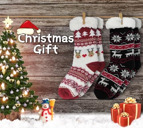 BenSorts Women's Slipper Socks with Grippers House Home Winter Warm Cozy Fuzzy Sherpa Non Slip Grips Socks Non Slip Comfy Soft Christmas Gift Christmas Black Red 2 Pairs - Thumbnail 6
