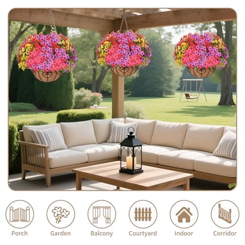 LetuoClips Artificial Hanging Flower for Outdoors, Fake Hanging Basket for Outside,1 Hanging Basket with 13 Pcs Faux Silk Flowers for Porch, Balcony and Patio Decor(Mixed) - Thumbnail 5