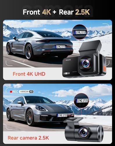 VIRROW Dash Cam Front and Rear: 4K+2.5K Dash Camera for Cars with Touch Screen 3.39" - Dashcam with WiFi APP Control 64GB Parking Mode Night Vision Loop Recording Emergency Lock (X5) - Thumbnail 2
