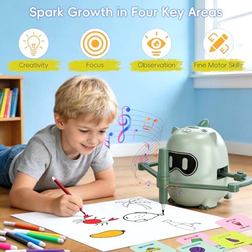 Drawing Robot for Kids with 200 Cards, Rechargeable 4-in-1 Draw/Learn/Spell/Music Interactive Educational Robot Drawing Machine Doodle Bot with 12 Color Pens for 3-8 Year Old Boys Girls Present - Thumbnail 5