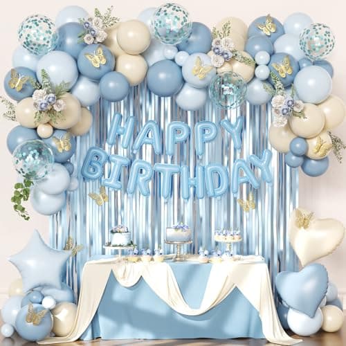 Blue Birthday Decorations, Dusty blue Sand White Confetti Foil Balloons Happy Birthday Banner Gold Butterfly Fringe Curtains, Light Blue Birthday Decorations for Boys Girls Women Men