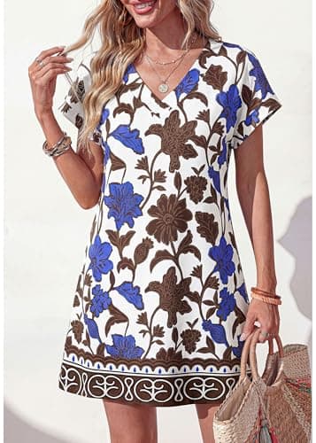 KIRUNDO Summer Dresses for Women 2026 Beach Sundress Spring Casual V Neck Boho Floral Vacation Outfits Cruise Resort Wear(Floral White Blue Brown, Medium) - Thumbnail 4