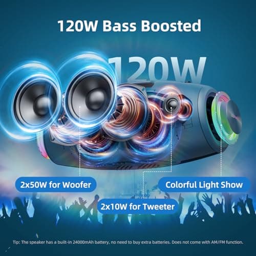 ZEALOT Portable Speakers Bluetooth Wireless, 120W Loud Waterproof Outdoor Speaker with Bass, Subwoofer, 40H Playtime, IP67, EQ, BT 5.3, LED Lights, for Camping Beach Party (Blue) - Thumbnail 2
