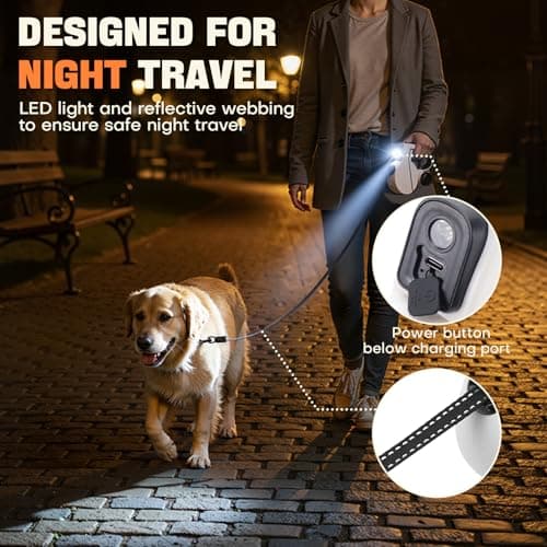 Retractable Dog Leash with LED Light & Reflective Tape for Night Walk, 16ft Dog Leash with Poop Bag Dispenser, Chew-Proof Steel Cable, One-Button Brake & Lock for Medium Dogs up to 66 lbs (BLK&WHT) - Thumbnail 2