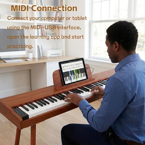 AMPUS 88 Key Semi-Weighted Keyboard Piano with Stand, Brown - Thumbnail 4