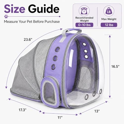 Expandable Cat Backpack Carrier, Breathable Clear Bubble Window Pet Carrier for Small Dogs and Cats up to 12 lbs, Airline Approved Travel Bag for Hiking and Outdoor Use (Back Expandable-Purple) - Thumbnail 2