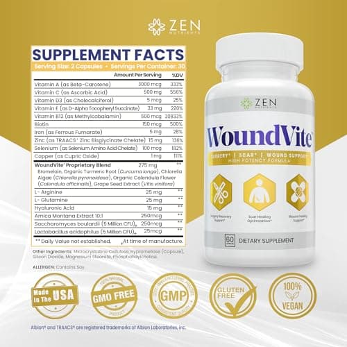 Zen Nutrients WoundVite Pre & Post Surgery Support, Scar & Wound Care, Scar Treatment, Plastic & General Surgery, Heal Faster & Aids in Recovery Time w/Bromelain, Turmeric & Arnica - 60 Vegan Caps - Thumbnail 3