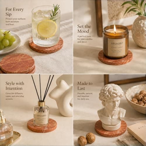 Natural Travertine Stone Coasters Set of 4 with Cork Backing – 4” (10cm) Round Absorbent Drink Coasters, Non-Slip Coffee Table Protectors, Rustic Farmhouse & Modern Décor, Gift-Ready - Thumbnail 6