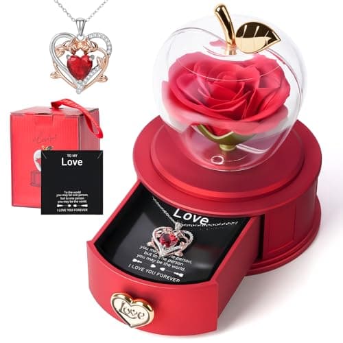 iceevery Red Preserved Roses with Red Rose Necklace,Red Zircon Pendant with to My Love Greeting Card,Forever Rose Gift Jewelry Box,Romantic Gifts for Her,I Love You Gift