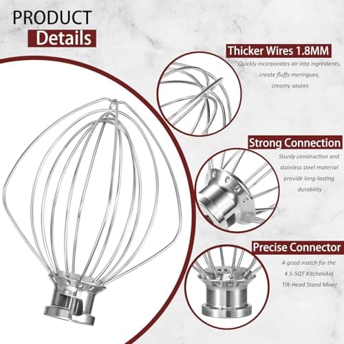 LEMEENQ K45WW Dishwasher Stainless Steel Wire Whip Attachment, 6 Wire Whisk fits KitchenAid 4.5 and 5 Quart Tilt-Head Stand Mixers, Dishwasher Safe - Thumbnail 3