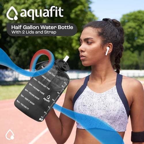 AQUAFIT Half Gallon Water Bottle with Time Marker - Straw & Chug Lid - BPA Free Gym Water Bottle with Straw - Big Gallon Jug (Clarity, 64 oz - 2 Lids) - Thumbnail 3