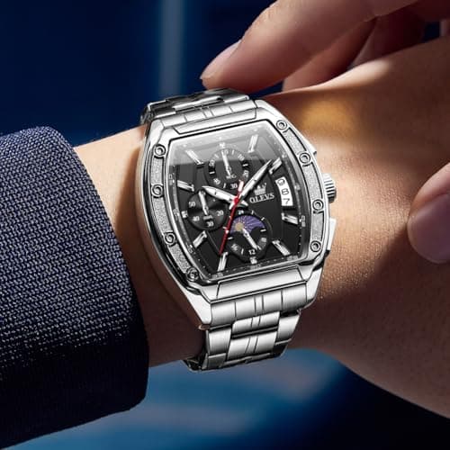 OLEVS Men's Silver Stainless Steel Large Rectangle Black Face - Thumbnail 2