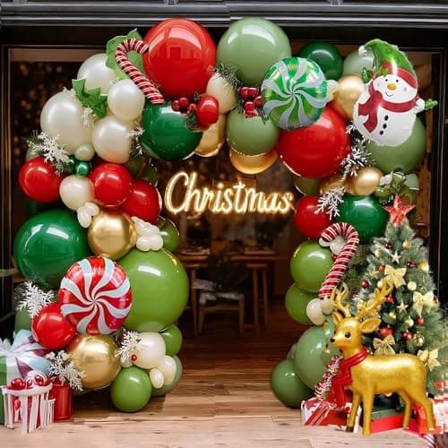 Christmas Balloon Arch Kit, Double Stuffed Sage Green Red White Gold Pearl Balloon Garland Cane Santa Claus Balloons for Xmas Christmas Holiday New Year Birthday Party Decorations - Image 1