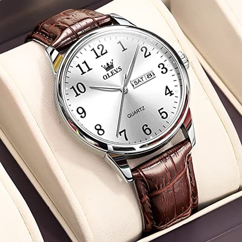 OLEVS Brown Leather Watches for Men Analog Mens Leather Watch Day Date Mens Watches Leather Band Simple Men White Face Wristwatch Waterproof Watch Reloj para Hombre Classic Fashion Brown Watch Man - Thumbnail 2
