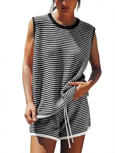 EXLURA Women's Sleeveless Sweater Set 2 Piece Outfits Striped Crewneck Knit Tank Tops and Shorts Summer Sporty Lounge Sets