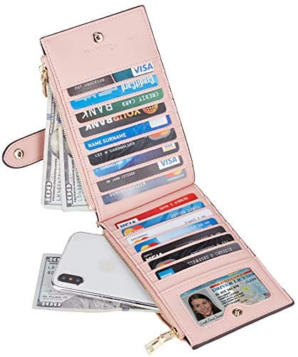 Travelambo Womens Wallet Slim RFID Blocking Bifold Credit Card Holder Wallet with 16 Card Slots, 2 Zippered Pockets (Pink Lotus) - Thumbnail 2