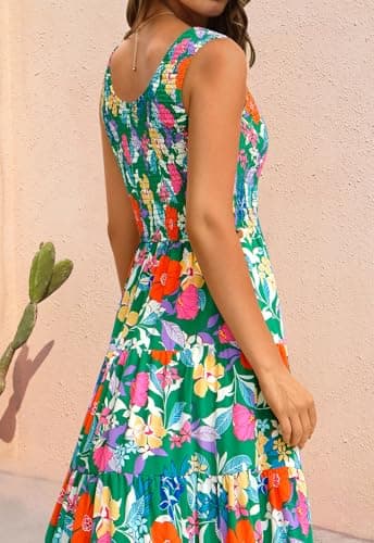 PRETTYGARDEN Sleeveless Smocked Dress Women Square Neck High Waist Floral Summer Wedding Guest Dresses for Women 2026 (Green Orange Flower, Small) - Thumbnail 6