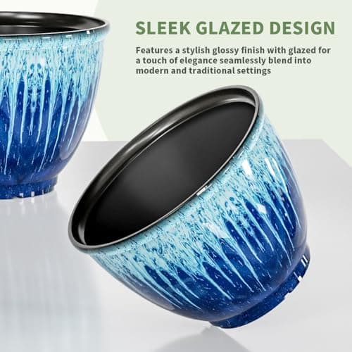 Flower Pots, 8 Inch Plastic Plant Pots for Plants, Set of 4 Planter for Indoor Outdoor Plants with Drainage Hole, Sleek Small Nursery Planting Pot for Home Garden Outdoor Planters(Blue Glaze) - Thumbnail 3