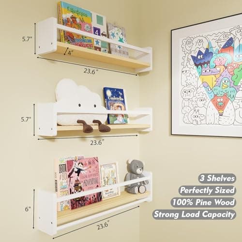 MXCSE Nursery Floating Bookshelf for Kids, Wall Mounted Kids Book Shelf with Toy Storage, Pine Wood Nursery Shelves for Playroom, Bedroom, Toddler Room, Set of 3 (White & Wooden, 24 in) - Thumbnail 2