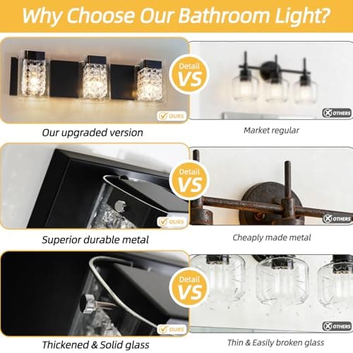 TYhogar Modern Crystal Bathroom Light Fixtures, 3-Light Black Vanity Lights with Clear Shades, Bathroom Lighting Fixtures Over Mirror Wall Light for Living Room, Decoration,Bedroom（Exclude Bulb） - Thumbnail 6