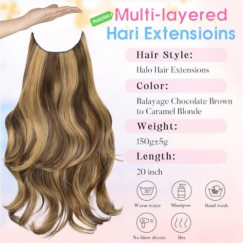 Invisible Wire Hair Extensions with Transparent Wire Adjustable Size 4 Secure Clips Long Wavy Secret Hairpiece 20 Inch for Women(Balayage Chocolate Brown to Caramel Blonde) - Thumbnail 2
