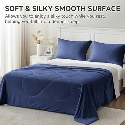 HOMFINE Cooling Comforter for Hot Sleepers - Both Sides Q-Max>0.45 Arc-Chill Cooling Fiber for All-Season, Breathable Soft Keep Cool Summer Blanket for Bed Couch Sofa, Dark Blue, Twin - Thumbnail 4