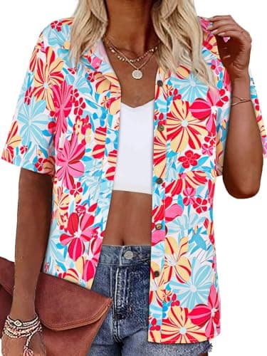 LILYCHIC Women Hawaiian Shirt Summer Floral Tropic Print V Neck Short Sleeve Button Up Beach Vacation Shirts Tops Blue S - Image 1