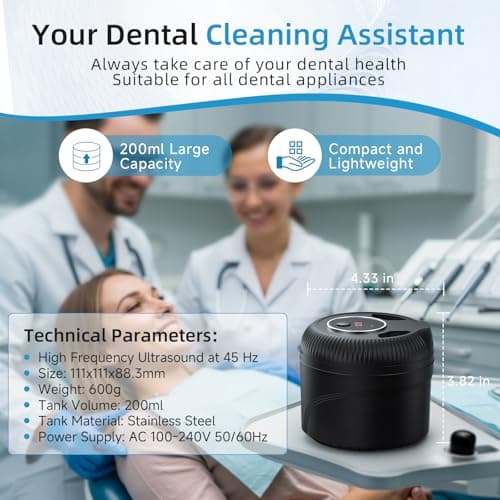 Ultrasonic Retainer Cleaner Machine, 45kHz Dental Cleaning Pod for Dentures, Jewelry, Toothbrush Heads, Mouth Guards, Aligners, Braces, 200ML Denture Cleaner 4 Modes & Digital Timer, Black - Thumbnail 4