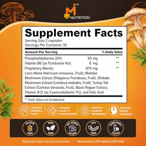M NUTRITION Memory Mushroom + with Phosphatidylserine, Lions Mane, Turkey Tail, B Vitamins & Black Pepper – Brain & Focus Support Supplement – 60 Capsules, Non-GMO, Gluten-Free, Made in USA - Thumbnail 3