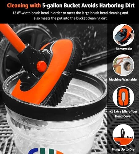 YeewayVeh Car Wash Brush, 43" Extendable Car Wash Brush Mop with Long Handle, 15 Degree Curved Soft Car Washing Brushes with Extra Microfiber Brush Head for Truck SUV Cleaning, Orange - Thumbnail 5