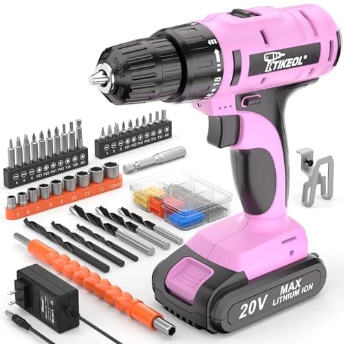 TIKEOL 20V Cordless Pink Drill Set with Battery & Charger, 2-Speed Power Drill for Women, Pure Copper Motor, 250 In-lbs, 3/8" Keyless Chuck, Tool Kit for Home DIY（Pink） - Image 1