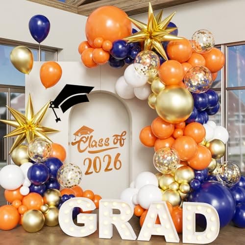Blue Orange Balloon Arch Kit Graduation Decorations 2026, 130Pcs Navy Blue Orange Gold Balloons and Foil Star Balloon with Confetti Ribbons Grad Party Decorations for College High School Class of 2026