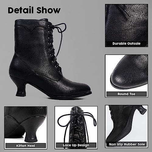 Yremael Women's Ankle Boots Victorian Boots Mid Calf Boots Round Toe Black Boots Chunky Heel Lace Up Witch Boots Knight Boots for Women - Thumbnail 6