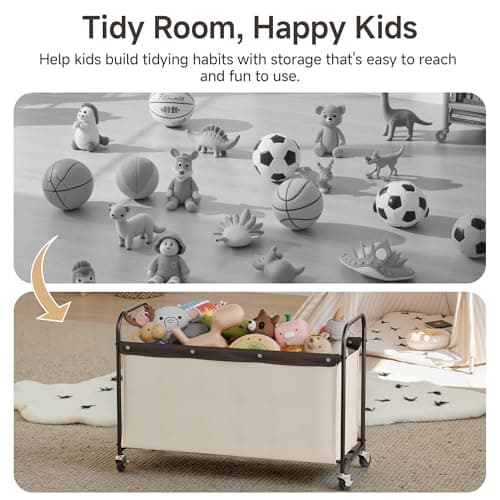 StorageWorks Toy Box with Wheels for Kids, 135L Large Toy Storage Chest and Organizer, 23" Metal Toybox with 360° Swivel Wheels for Bedroom, Kids Room, Stuffed Animal Storage, Beige - Thumbnail 5