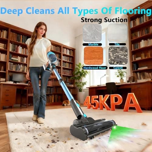 Cordless Stick Vacuum Cleaner: 45kPa Powerful Suction & 60Min Runtime, Self-Standing with Green Light & Anti-Tangle Brush, Rechargeable Lightweight Vacuum for Home Pet Hair on Carpets and Hard Floors - Thumbnail 3