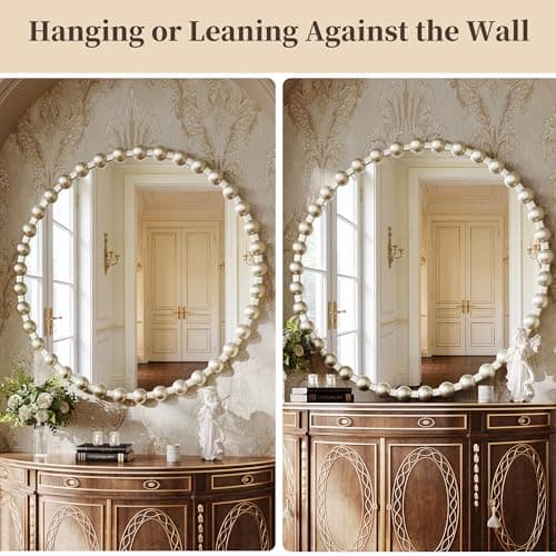 WISSMIELS Round Vanity Wall Mirror, 36 Inch Beaded Frame Circle Mirror for Bathroom, Bedroom Dresser, Entryway, Living Room, Decorative Hanging Wall Mirror, Silver - Thumbnail 5