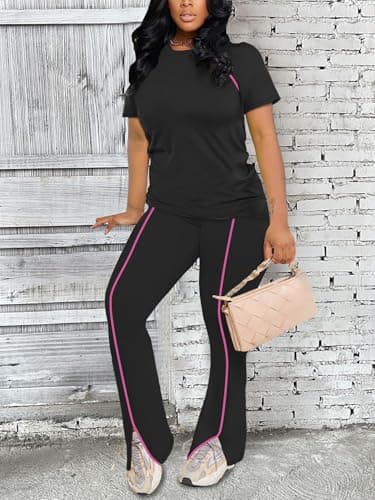 STOLKISS Casual Workout Two Piece Outfits for Women Summer Vacation Fitted Crew Neck T-shirt High Waist Pants Matching Sets Streetwear Black XL - Thumbnail 3