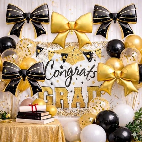 38Pcs Graduation Decorations 2026 Set - Congrats Grad Banner, Graduation Balloons, Backdrop, 6 Gaint Bow Foil Balloons Class of 2026 Decorations Party Supplies for High School & College (Black&Gold)