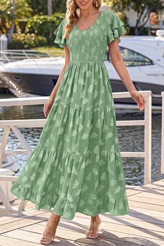 dowerme Maxi Dresses for Women 2026 Summer Ruffle Sleeve V Neck Smocked A Line Floral Boho Tiered Sundress Spring Outfit(Green,Large) - Thumbnail 5