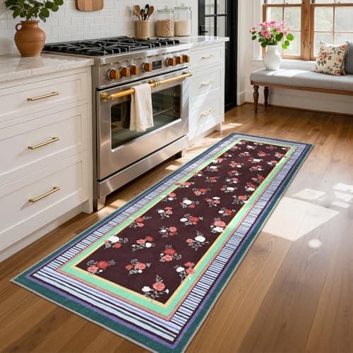 GarveeHome Brown 2x6 Runner Rug for Hallway, Vintage Floral Rug Machine Washable, Non Slip TPR Backing, Low Pile Soft for Kitchen Entryway Laundry Bedroom Bathroom - Image 1