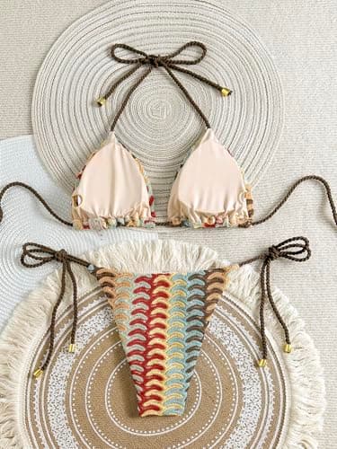 ZAFUL 2 Piece Triangle Bikini for Women Knitted Rope Halter Bikini Sets Sexy Bathing Suit Side Tie Swimsuits Beachwear 4-Bronze L - Thumbnail 3