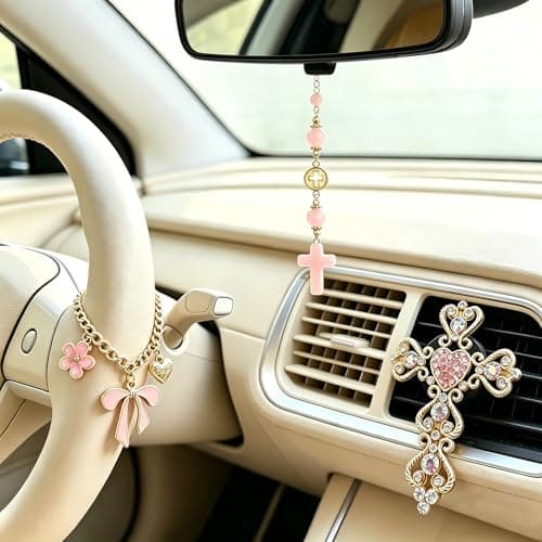 3 Pcs Christian Car Accessories for Women - Rear View Mirror Cross, Steering Wheel Rosary Charm & Air Vent Clip - Cute Girly Bling Car Decor (Pink) - Image 1