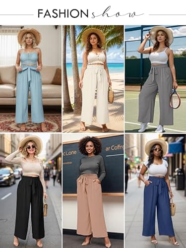 AusLook Women's Plus Size Wide Leg Pants with Pockets Dark Blue 3X Lightweight High Waisted Tie Knot Paperbag Dressy Palazzo Loose Paper Bag Comfy Business Casual Work Flowy Dress Ladies' Trousers - Thumbnail 5