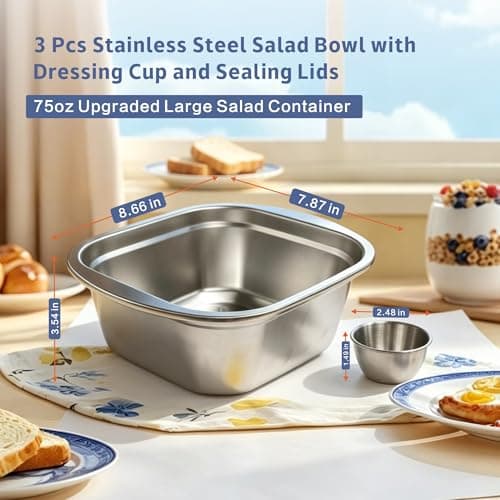 Stainless Steel Salad Bowl with Lid, 75oz 3 Pack Salad Container for Lunch - Thumbnail 2