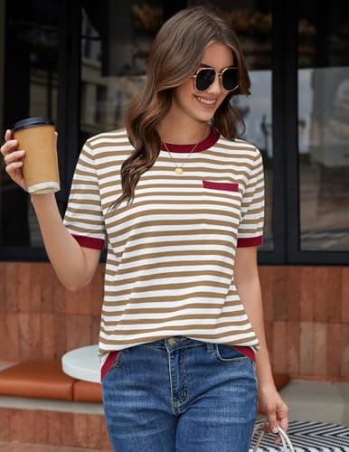 Aprolive Striped Shirt Women Short Sleeve Sweater with Chest Pocket Color Block Crewneck for Spring Summer Casual Layering(7-Red Coffee,Medium) - Thumbnail 5