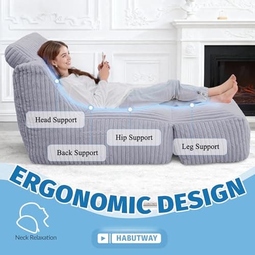 HABUTWAY Giant Bean Bag Chairs for Adults,Bean Bag Lounger with Removable Cover,Large BeanBag Chair with Ottoman&Storage Pocket,Memory Foam Filled Bean Bag Sofa for Living Room,Bedroom-Plush LightGrey - Thumbnail 6