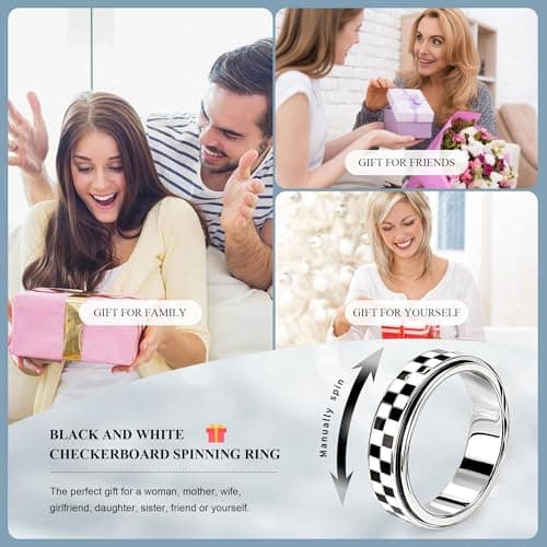Checkered Fidget Ring for Anxiety Relief, Discreet Silent Spinning Jewelry, Black & White Pattern Durable Stainless Steel Sliver Plated Thumb Spinner Jewelry for Work Office Adults Women Men Size 5-11 - Thumbnail 5